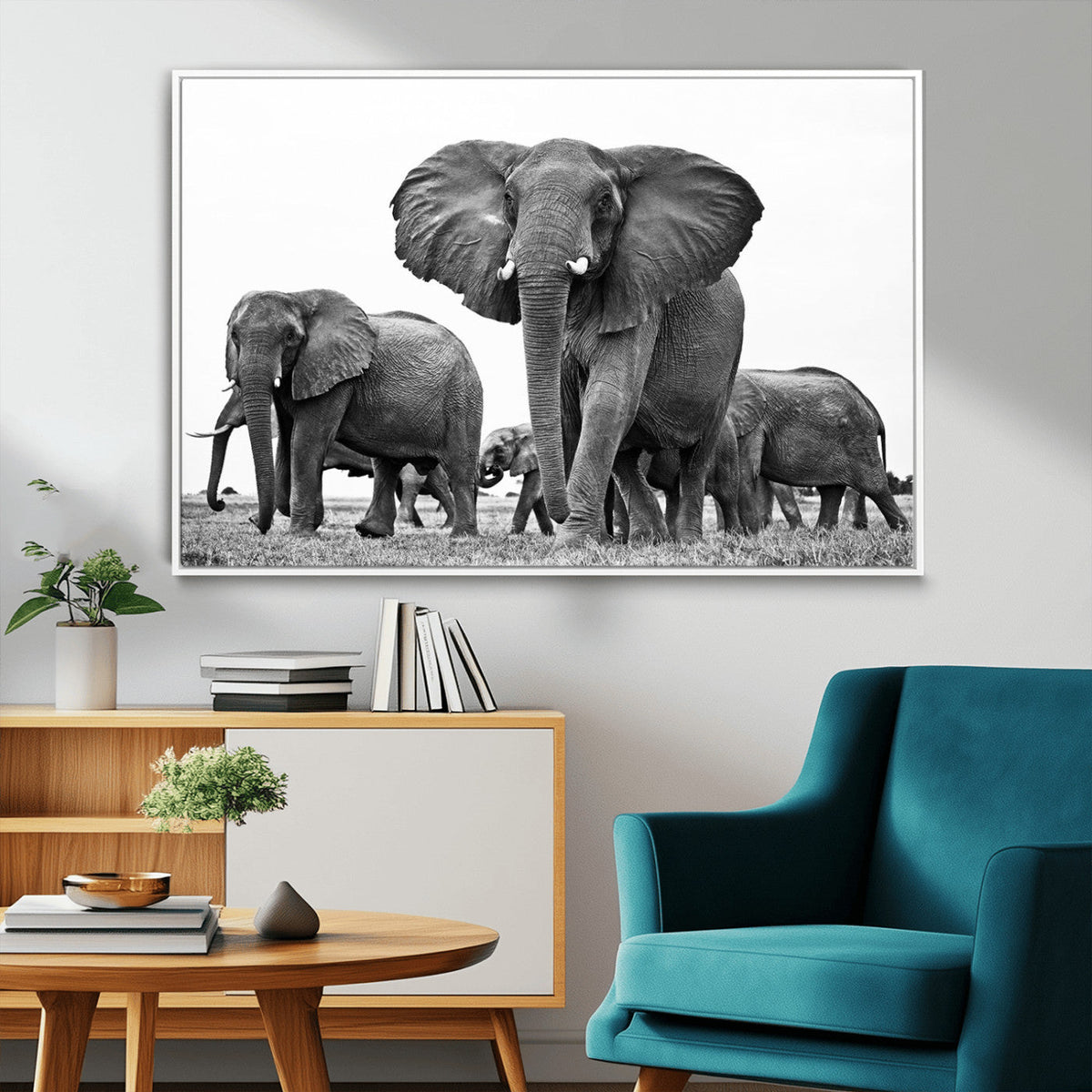 Black White Elephant Family Wall Art Canvas Print