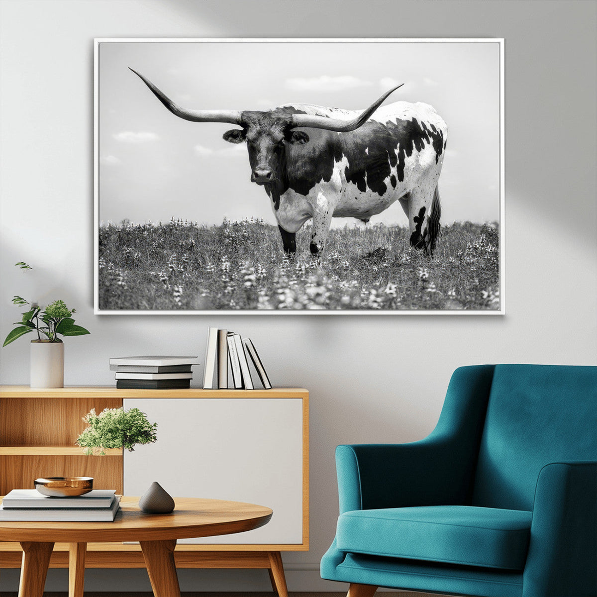 Texas Black White Highland Longhorn Cow Wall Art Canvas