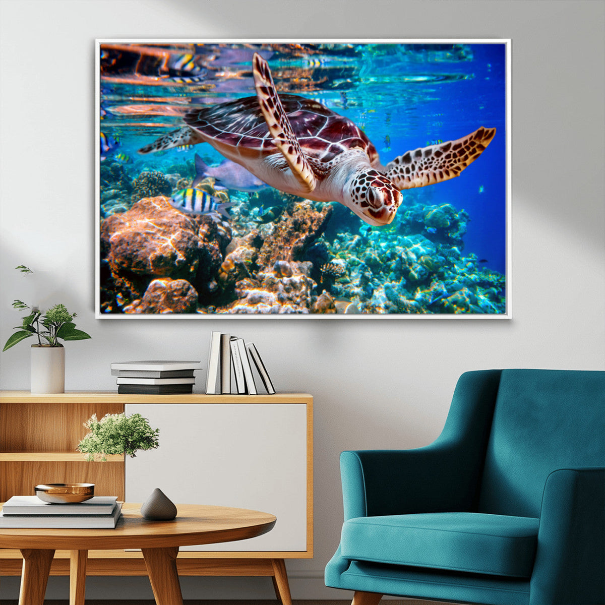 Underwater Coral Reef Sea Turtle Wall Art Canvas Print,