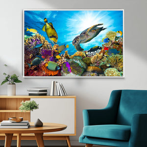 Colorful Coral Reef and Sea Life Turtle Canvas Print,
