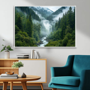 Mountain Forest River Canvas Wall Art Print - Serene Nature
