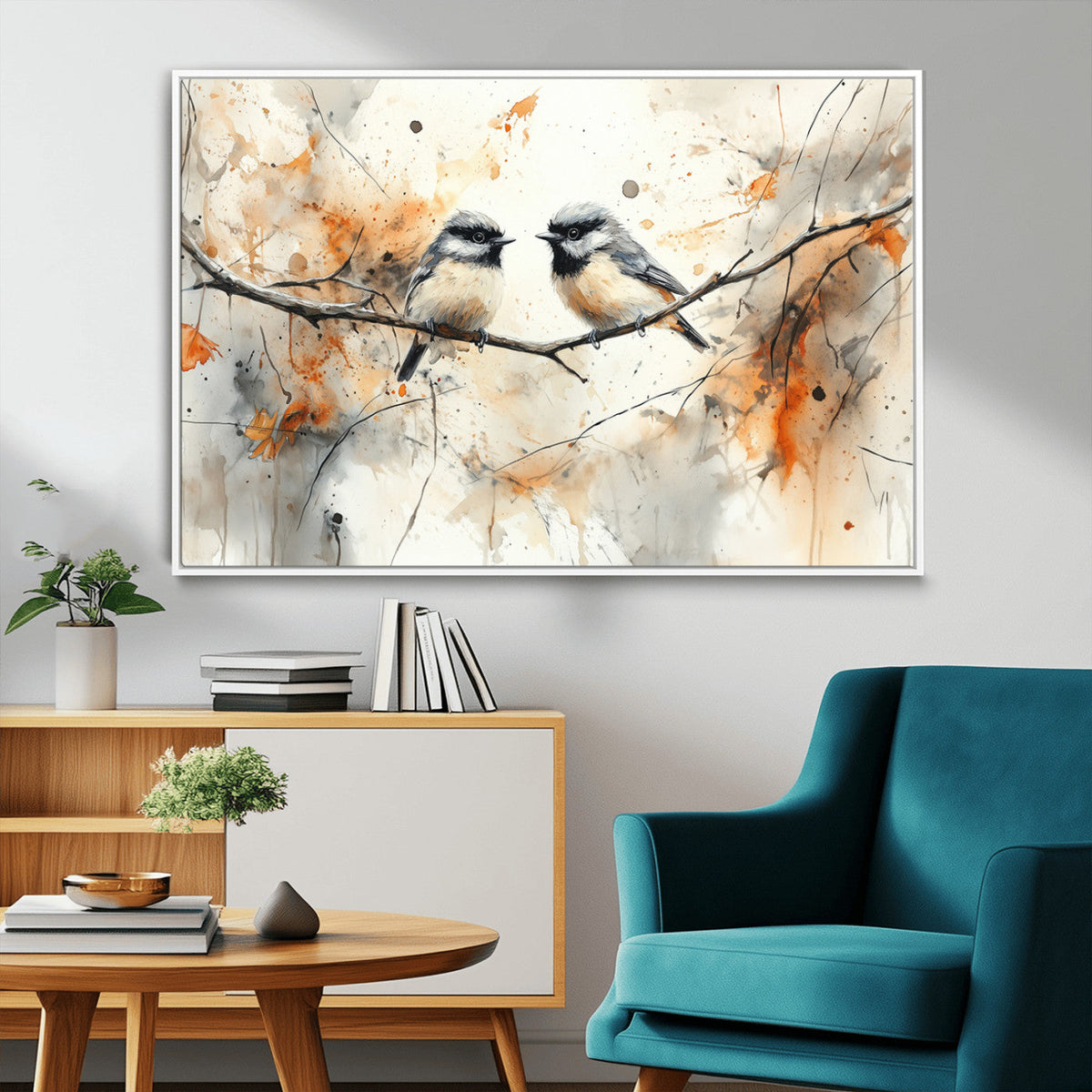 Abstract Watercolor Chickadee Bird Canvas Wall Art Print -