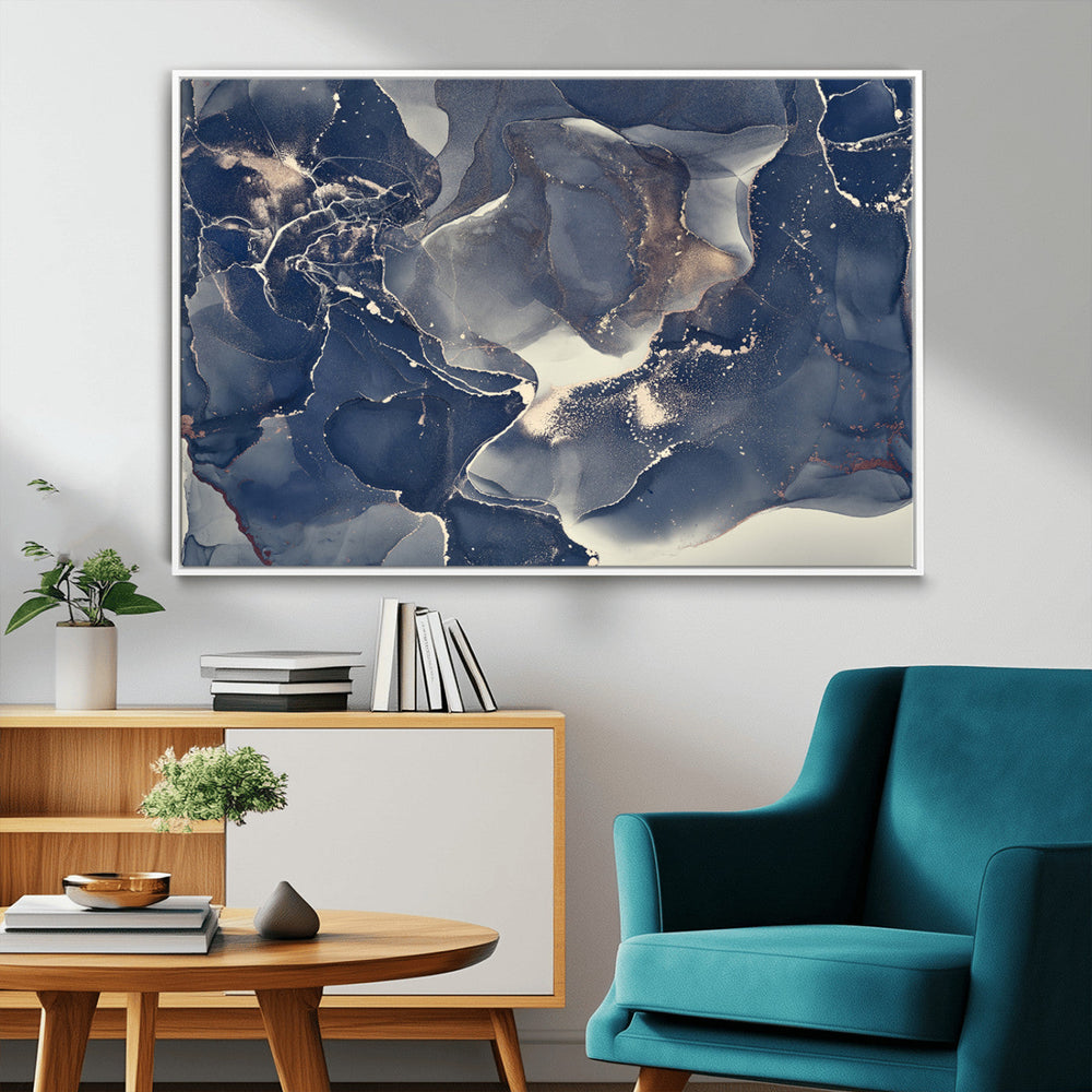 Large Abstract Blue and Gold Canvas Wall Art Fluid Ink