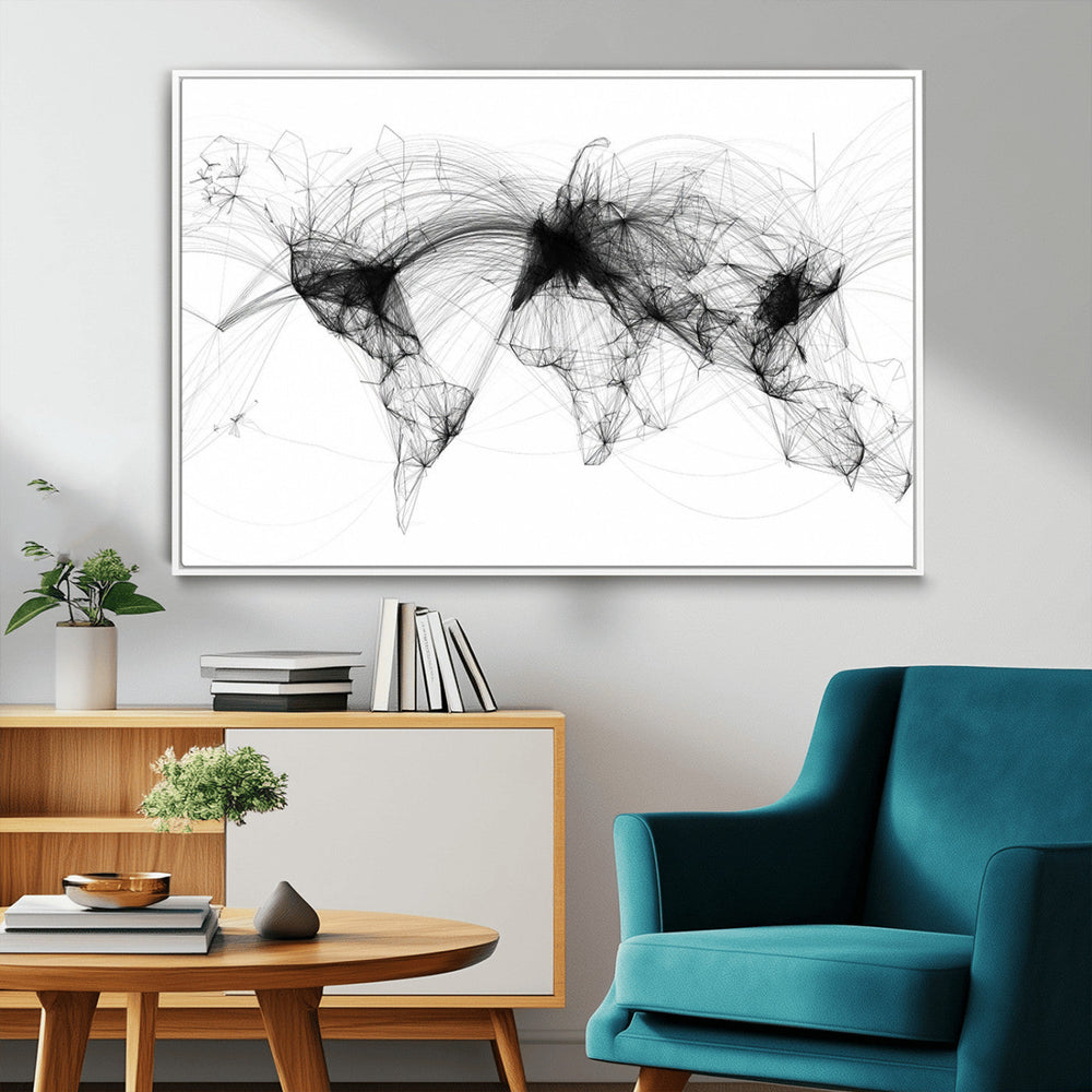Abstract World Map Wall Art – Framed Geometric Line Canvas