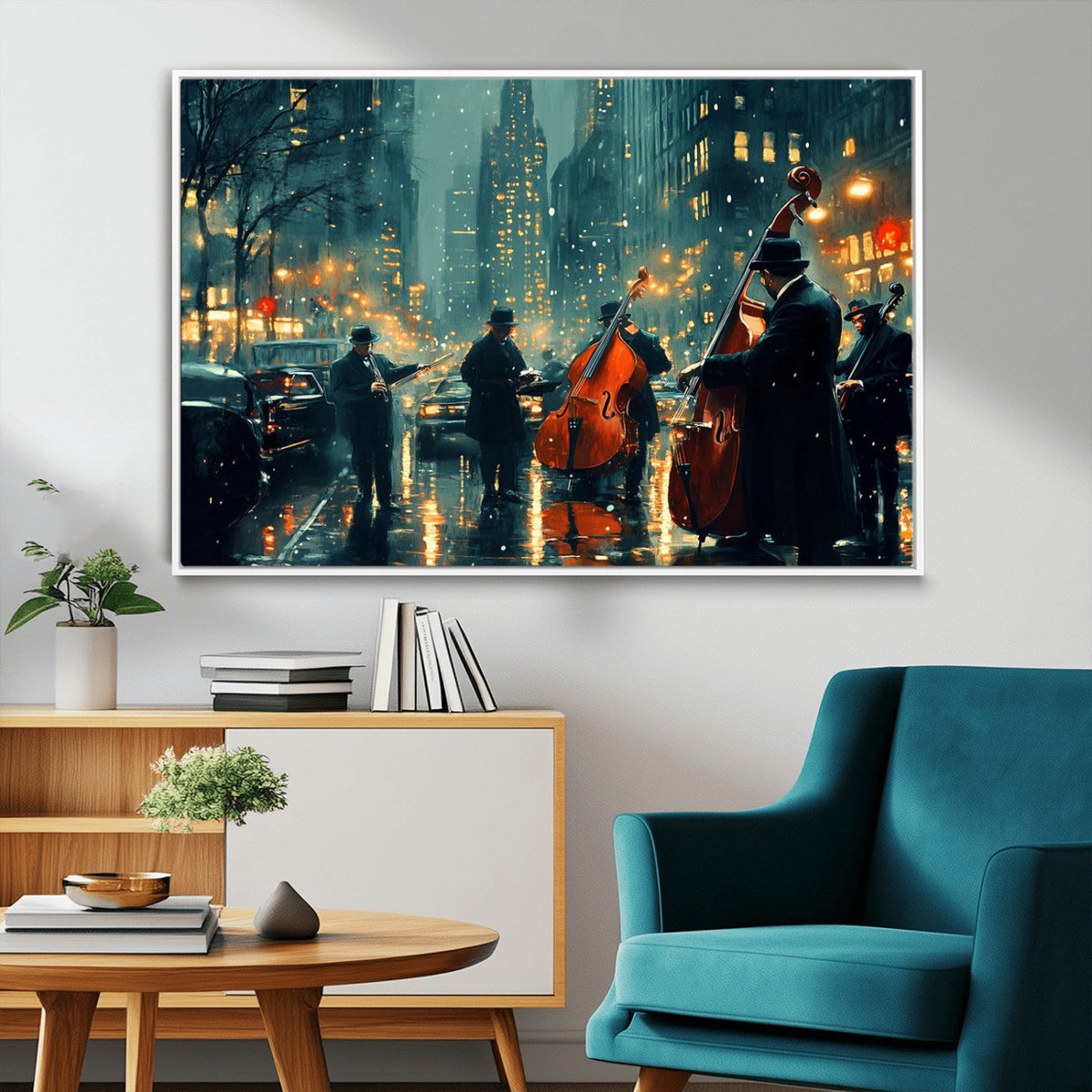 Urban Night Jazz Wall Art Canvas Print – Moody Rain-Soaked