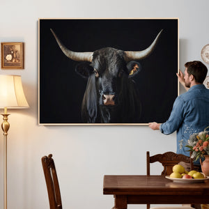 Majestic Longhorn Bull Wall Art Canvas Print – Dark