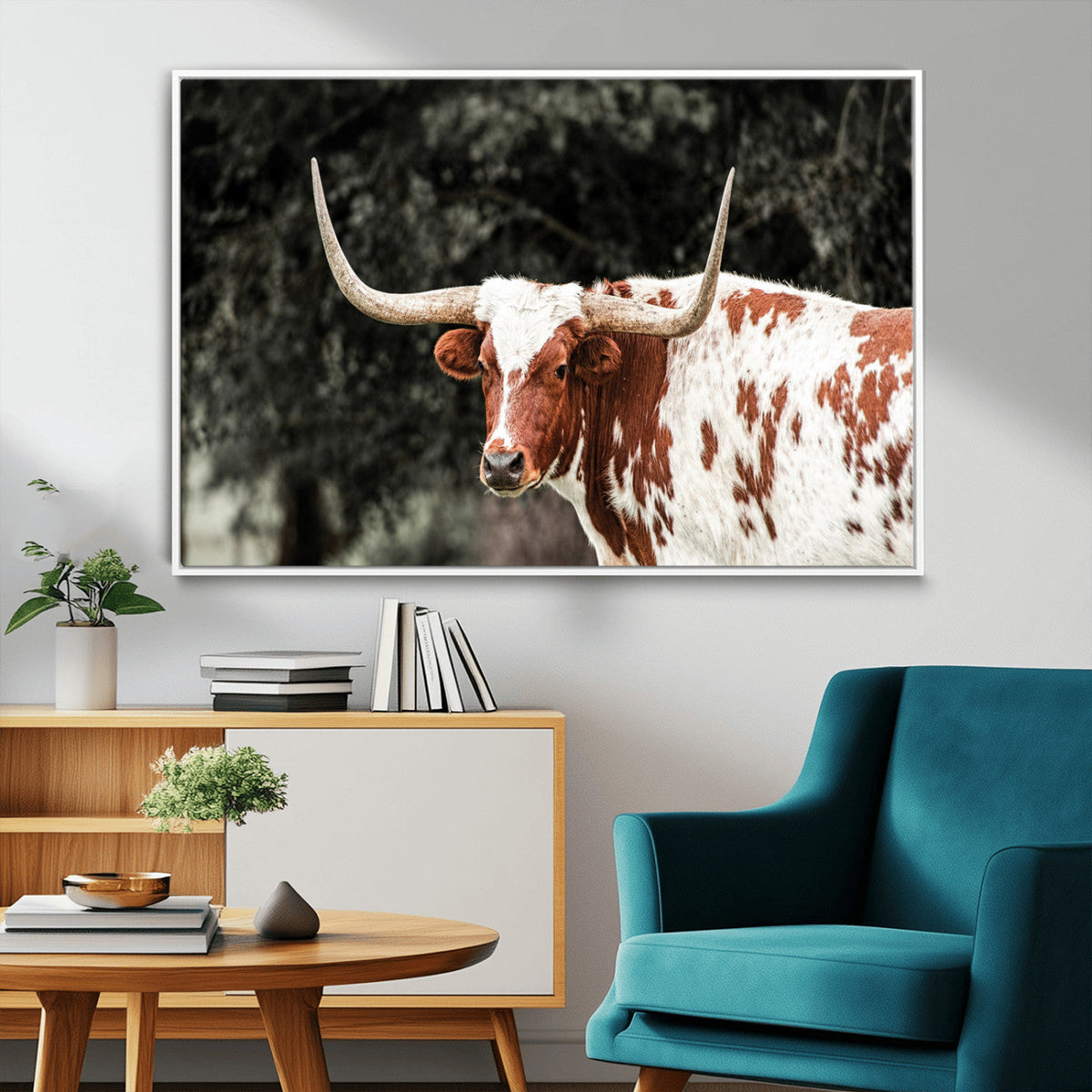 Texas Longhorn Wall Art Canvas Print – Framed Spotted Bull