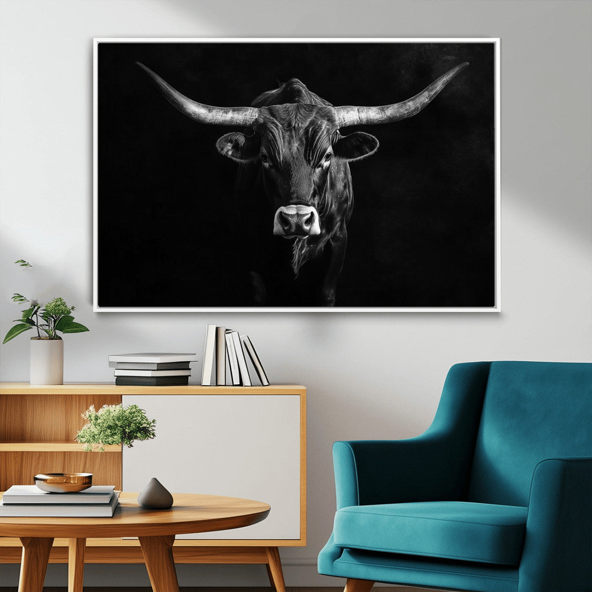 Texas Longhorn Wall Art Canvas Print – Framed Monochrome