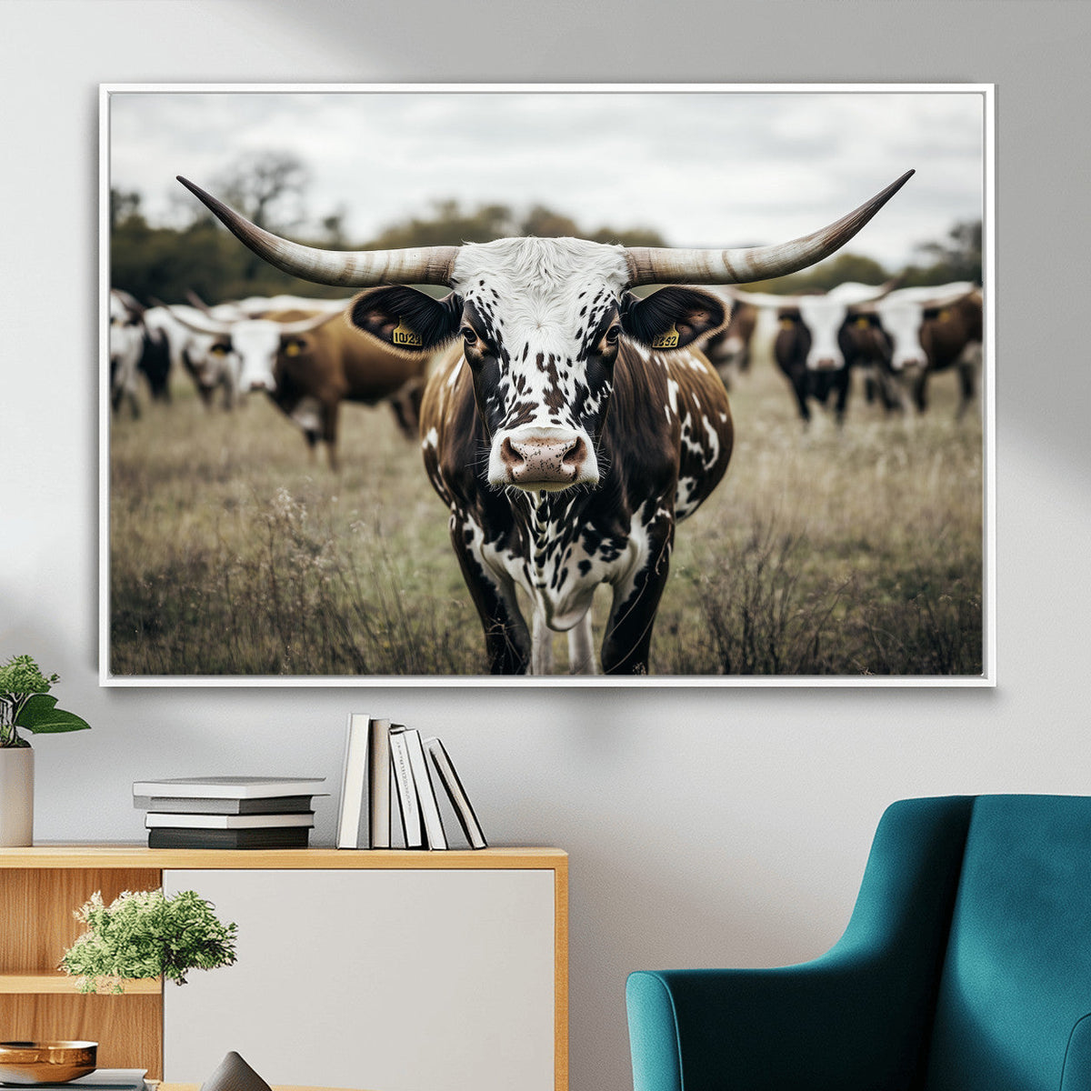 Texas Longhorn Wall Art – Framed Speckled Cow Canvas