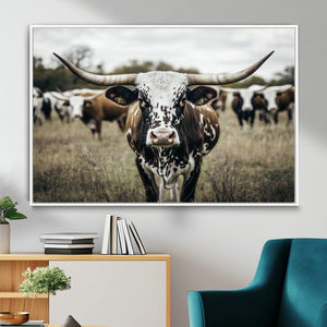 Texas Longhorn Wall Art – Framed Speckled Cow Canvas
