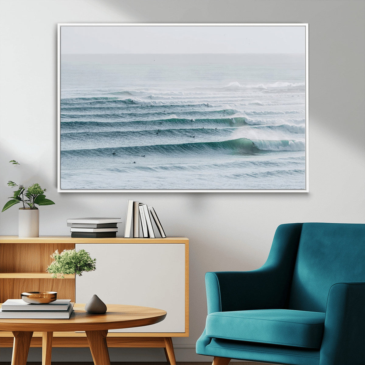 Ocean Waves Wall Art Canvas Print – Framed Surfer Lineup