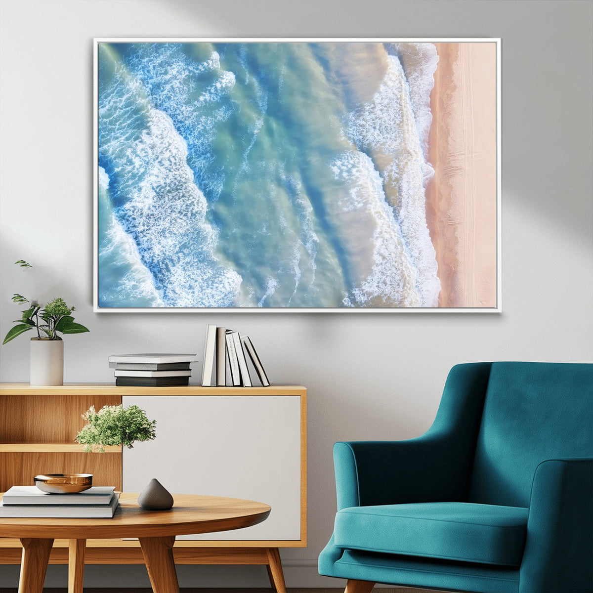Aerial Ocean View Wall Art Canvas Print – Framed Soft Blue