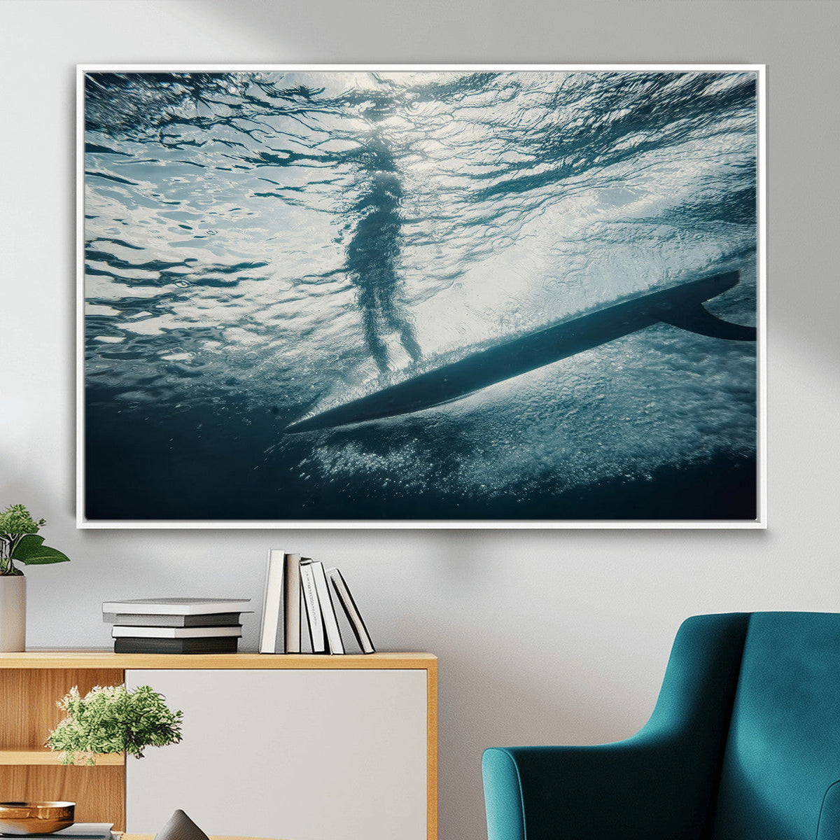 Underwater Surf Wall Art – Framed Ocean Wave Canvas Artwork,