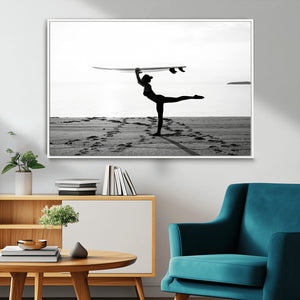 Yoga Surf Wall Art Canvas Print – Framed Black White Shore