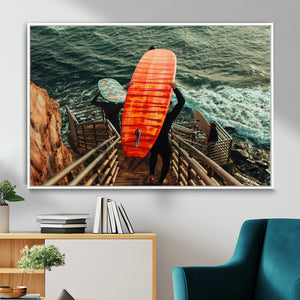 Surfer Stairway Wall Art – Framed Ocean Surf Canvas Artwork,