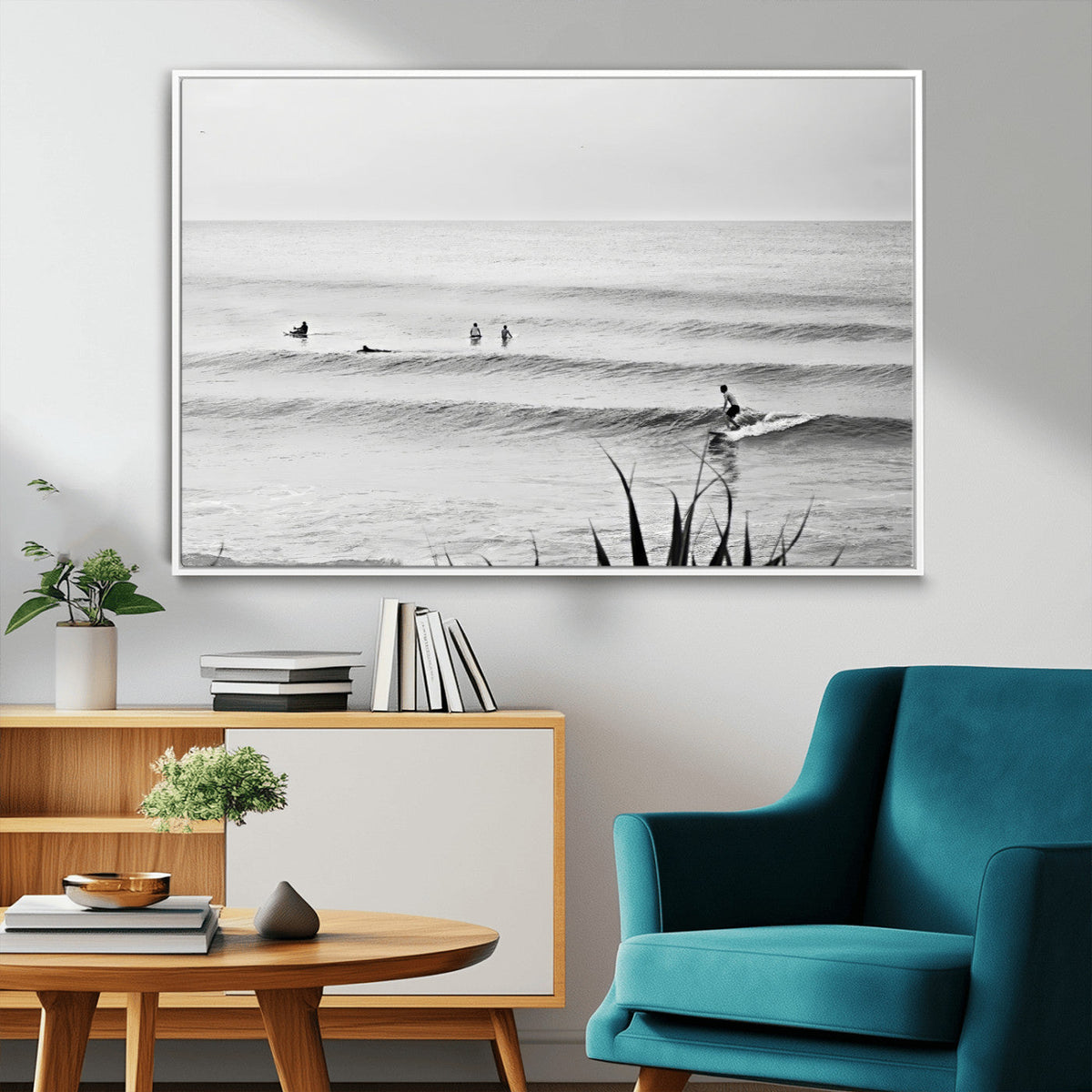 Surfer Silhouette Wall Art – Framed Calm Ocean Canvas