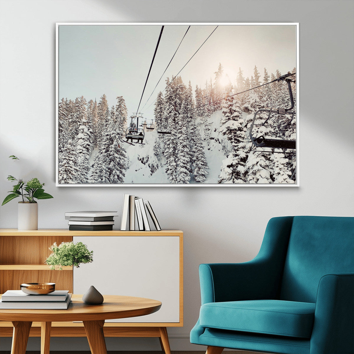 Frosty Pines Wall Art Canvas Print – Framed Cozy Cabin Ski