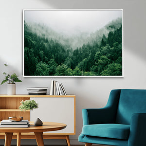 Misty Green Forest Canvas Print – Framed Serene Foggy Pine