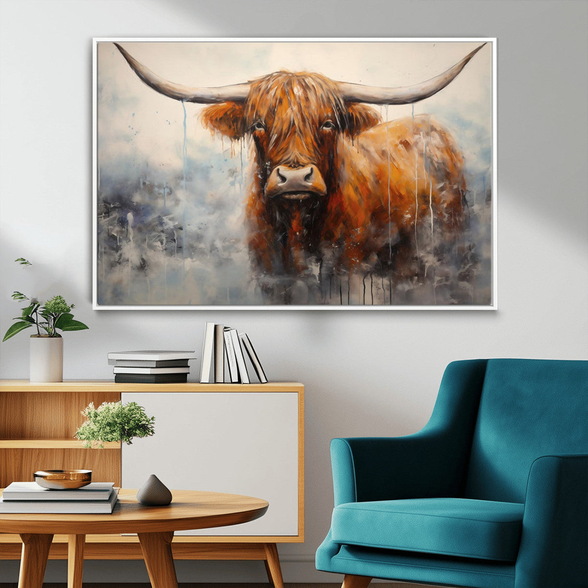Scottish Highland Wall Art Canvas Print, Framed Longhorn Art