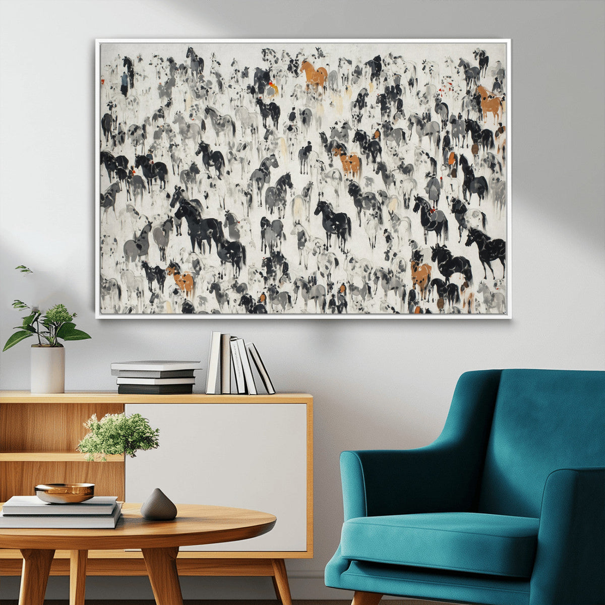 Wild Horse Stampede Wall Art Canvas Print – Monochrome
