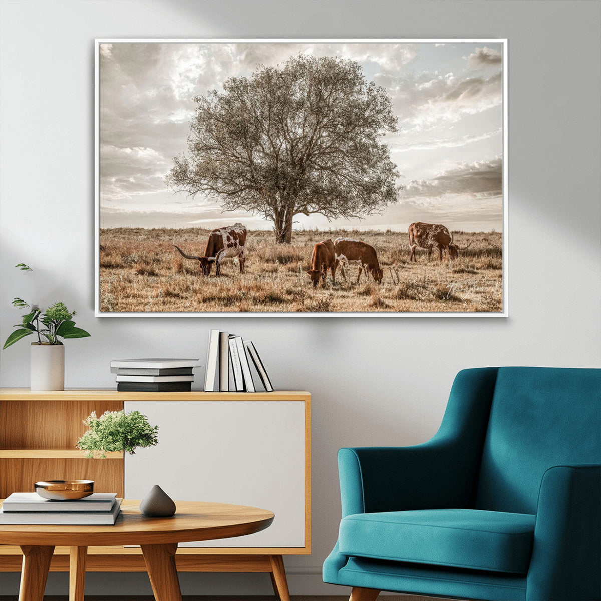 Texas Longhorn Cattle Wall Art, Rustic Western Ranch Canvas