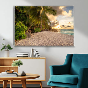 Tropical beach sunset, palm trees, white sand, ocean waves,