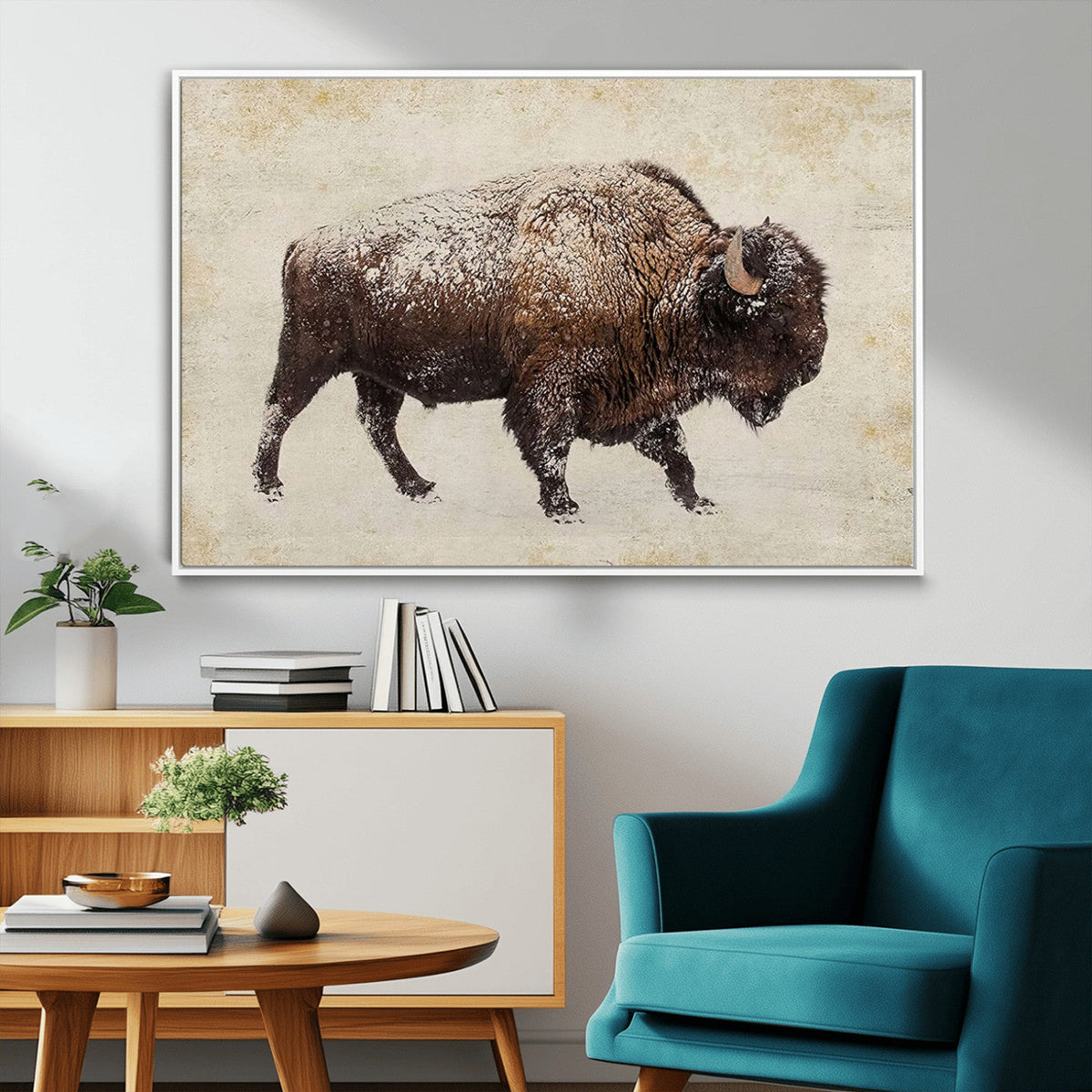 Snow-dusted bison silhouette textured vintage style rugged