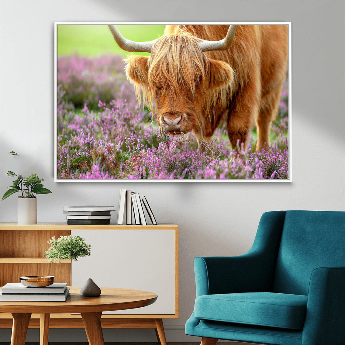 Highland Cow Wall Art Canvas Print – Framed Purple Flowers