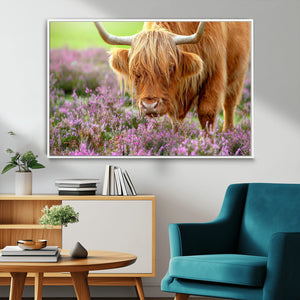 Highland Cow Wall Art Canvas Print – Framed Purple Flowers