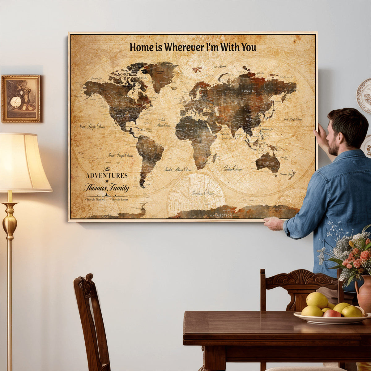 Vintage World Map Canvas Wall Art Print, Personalized