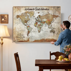Personalized World Map Wall Art Canvas Print – Custom Push