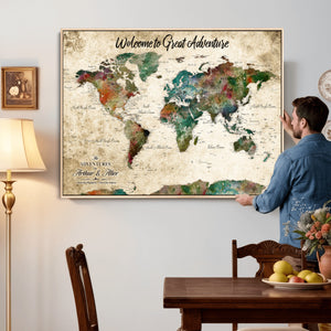 Grunge Personalized World Map Wall Art Canvas Print – Custom