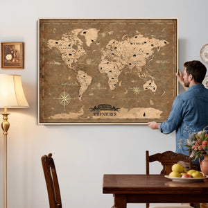 Custom Push Pin World Map Wall Art Canvas Print – Personalized Travel Tracker with Pins Framed Large for Home and Office Decor
