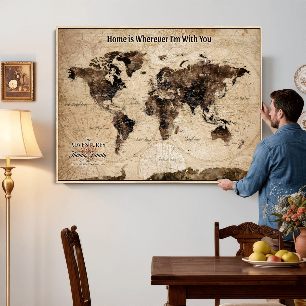 Personalized Framed World Map Wall Art Canvas Print – Custom