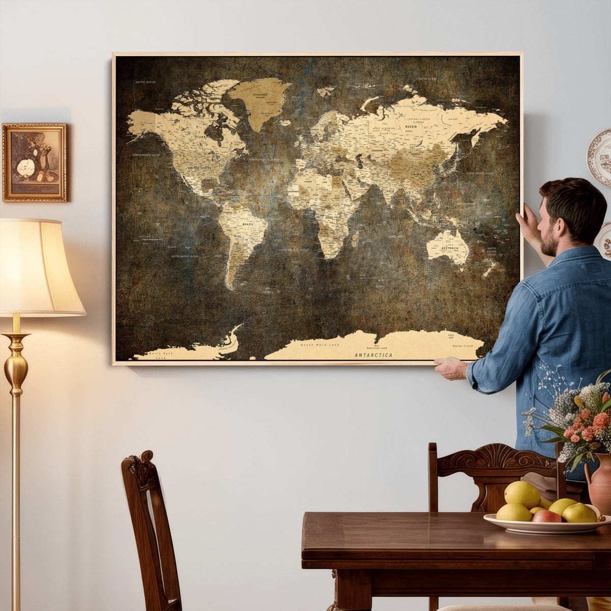 Large Framed Vintage World Map Wall Art Print for Home Wall