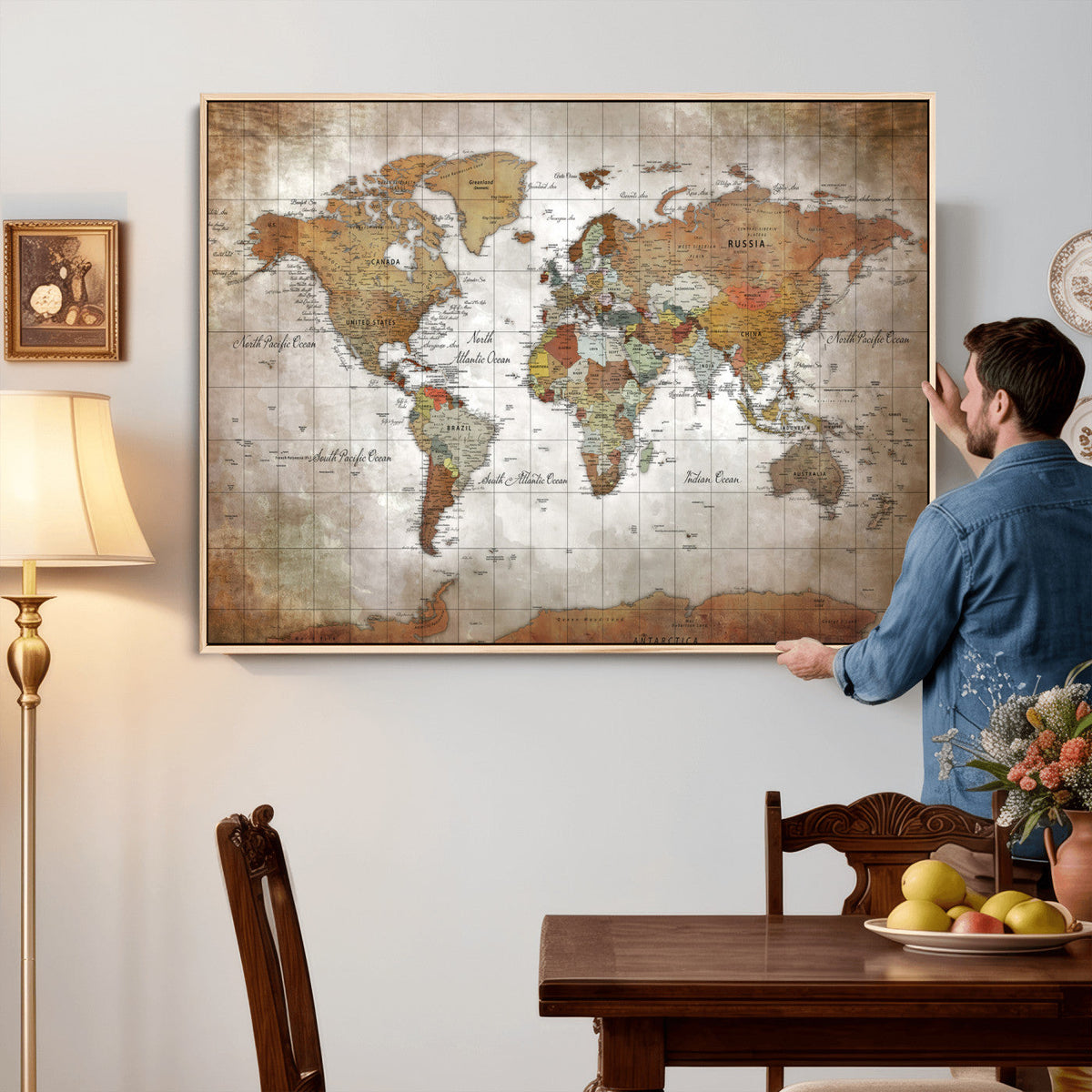 Vibrant Watercolor World Map Canvas Wall Art – Framed Travel