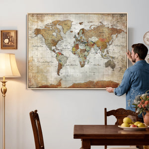 World Map Wall Art Canvas Print, Modern Decorative Framed Map Artwork Prints for Living Room, Office, Bedroom Wall Decor