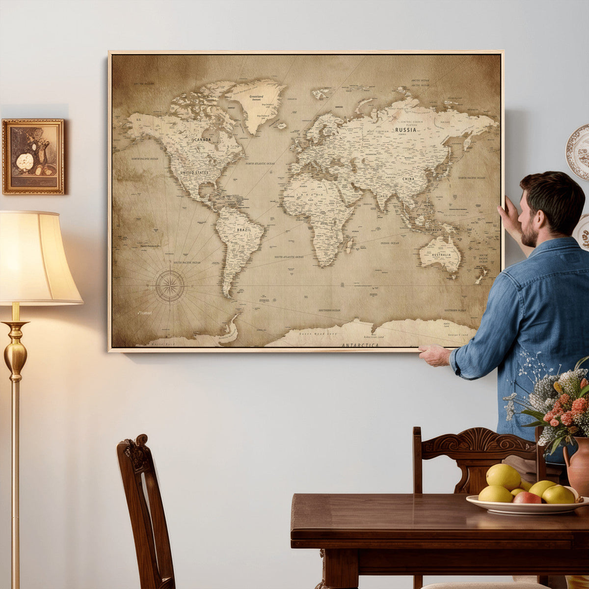 Colorful Watercolor World Map Canvas Wall Art – Framed