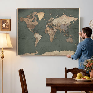 Rustic Black and Wood World Map Canvas Wall Art – Framed