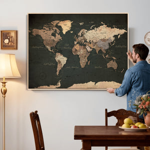 Vintage World Map Canvas Wall Art – Framed Travel Map for