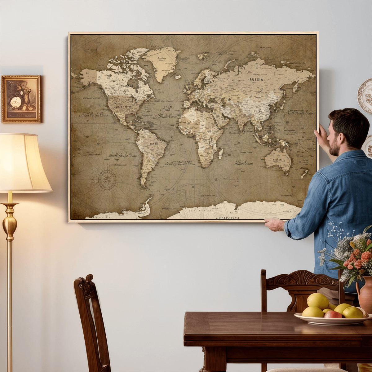 World Map Wall Art Canvas Print, Framed Map Art Picture