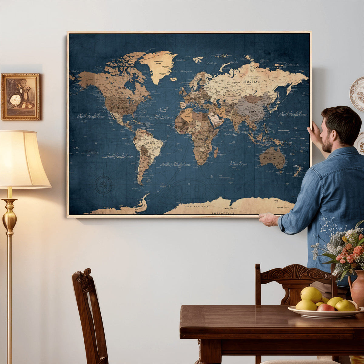 Navy Blue World Map Canvas Print – Framed Travel Map Wall