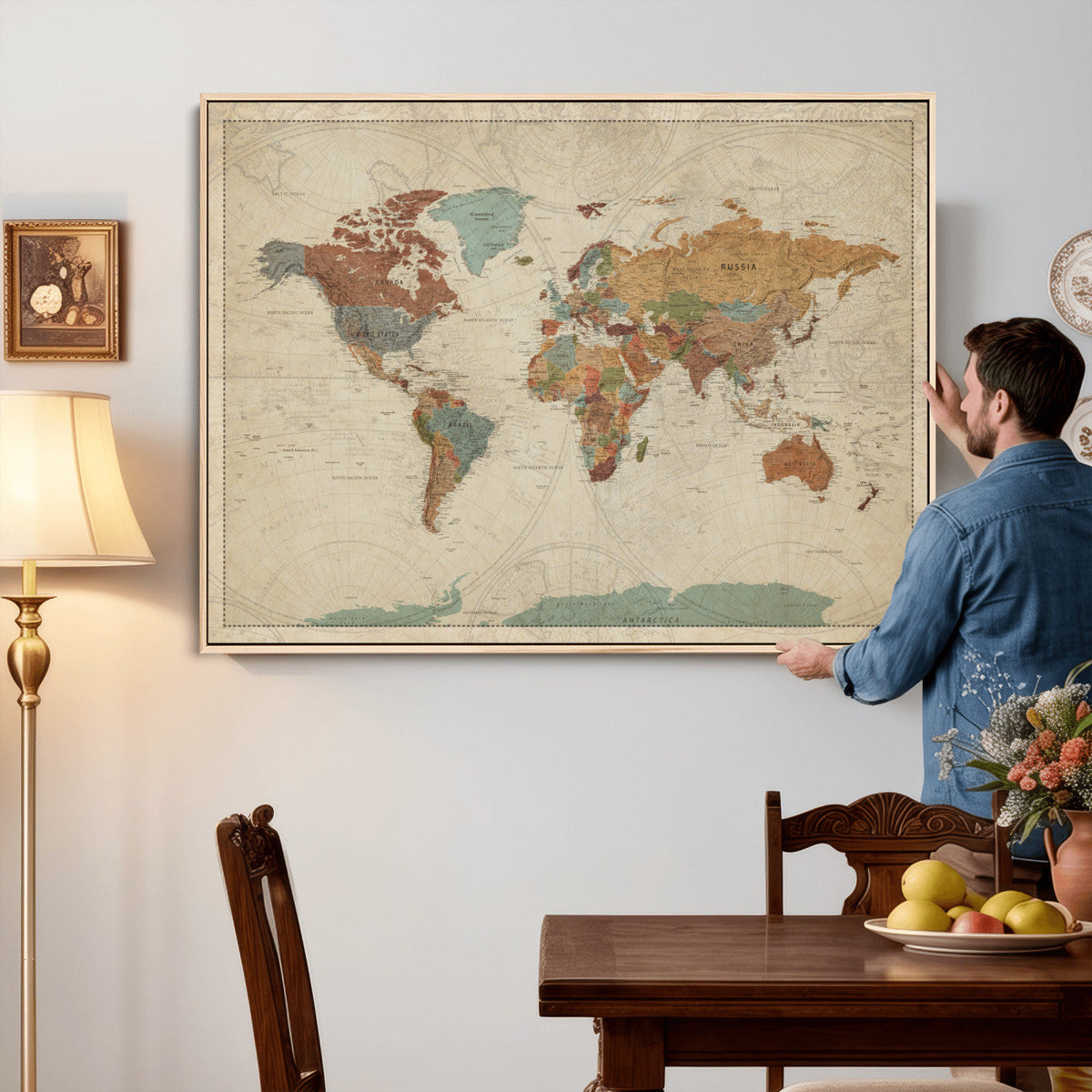 Vintage World Map Canvas Wall Art Print – Framed Modern