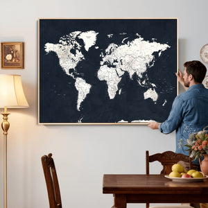 Black World Map Wall Art Canvas Print for Home Office and