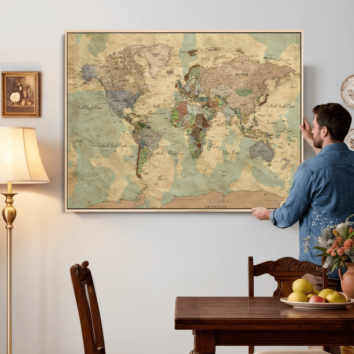 Vintage World Map Wall Art | Ready to Hang and Framed