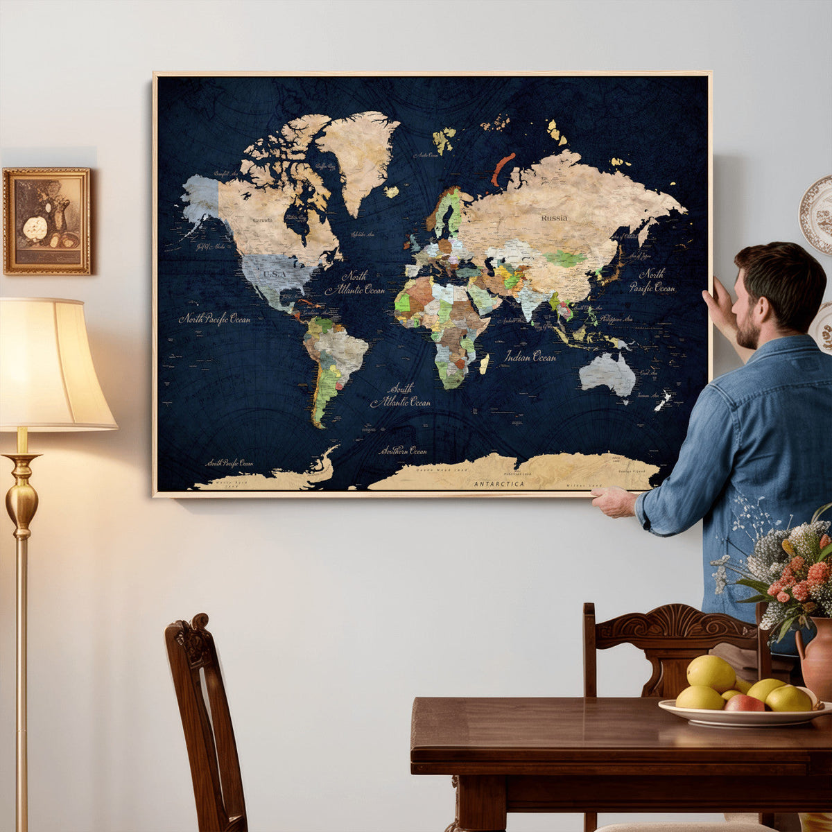 Minimalist World Map Canvas Wall Art - Watercolor Blue and