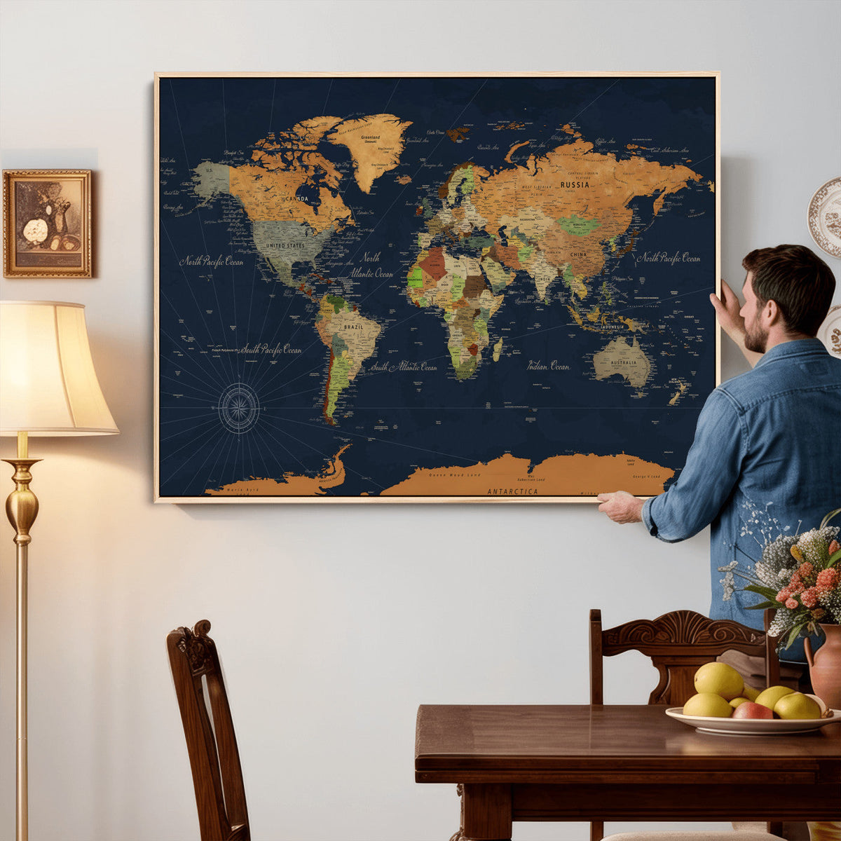 Modern World Map Canvas Print – Framed Detailed Map of the