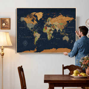 Modern World Map Canvas Print – Framed Detailed Map of the