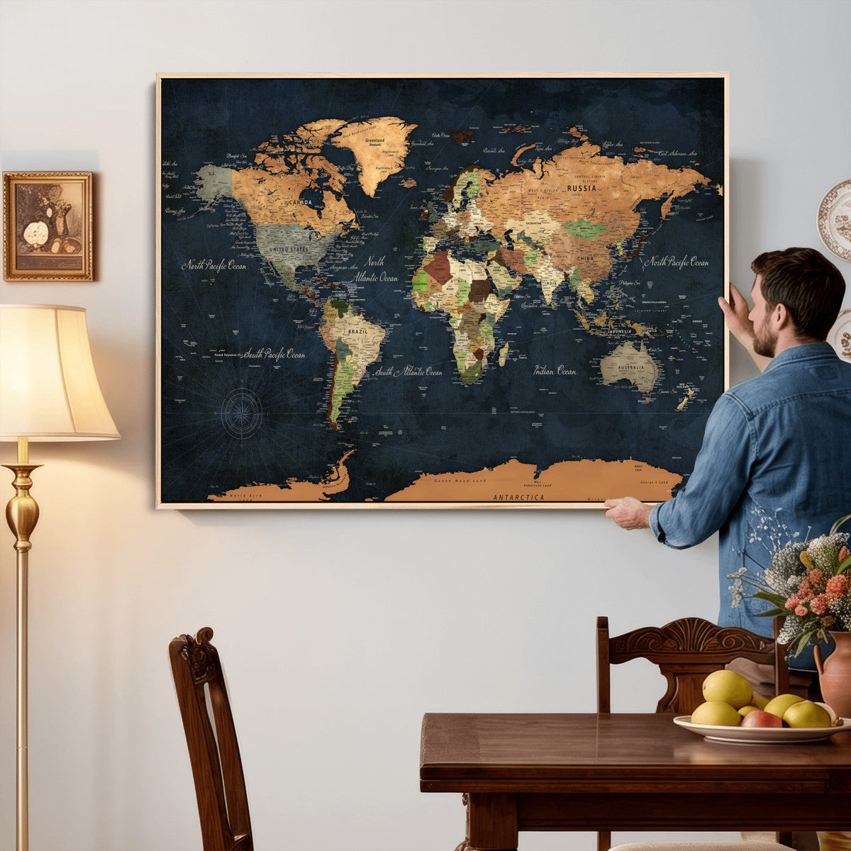 Vintage World Map Canvas Wall Art – Detailed Map with