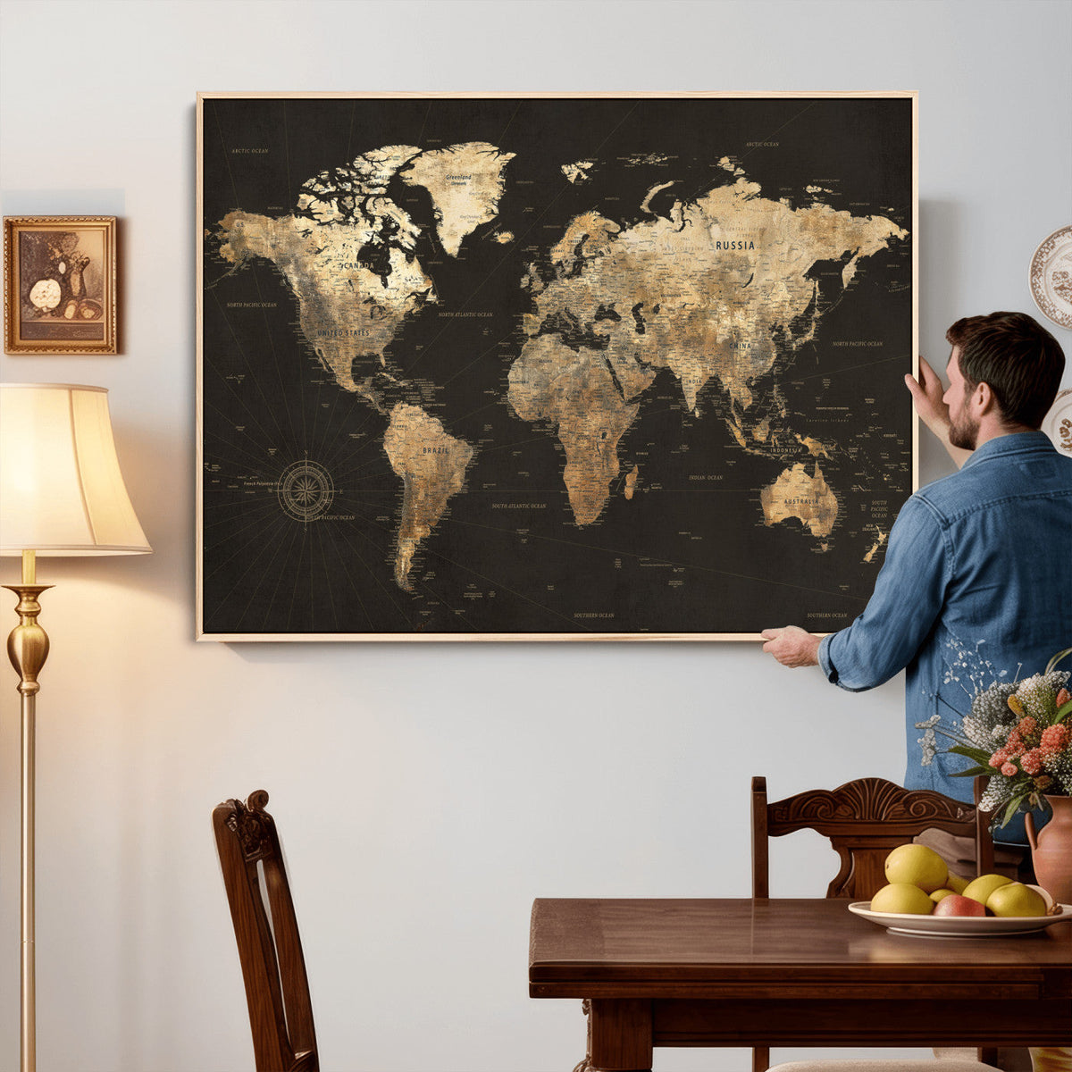 Framed World Map with Pin Canvas Print – Detailed World Map